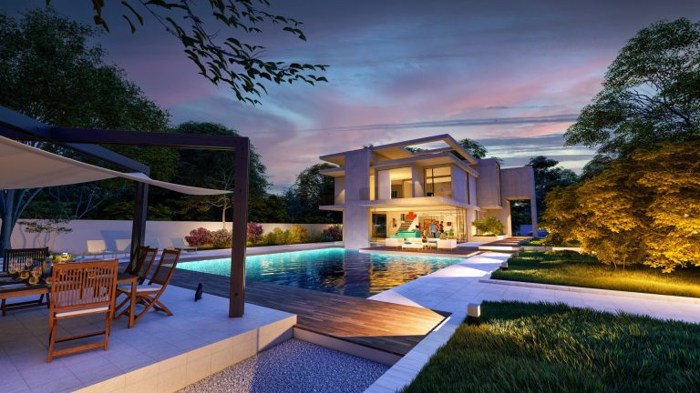 Contemporary villa with garden and pool at dusk