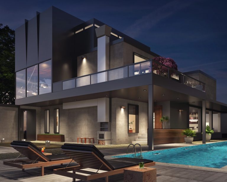 Modern house exterior with lit interior at dusk