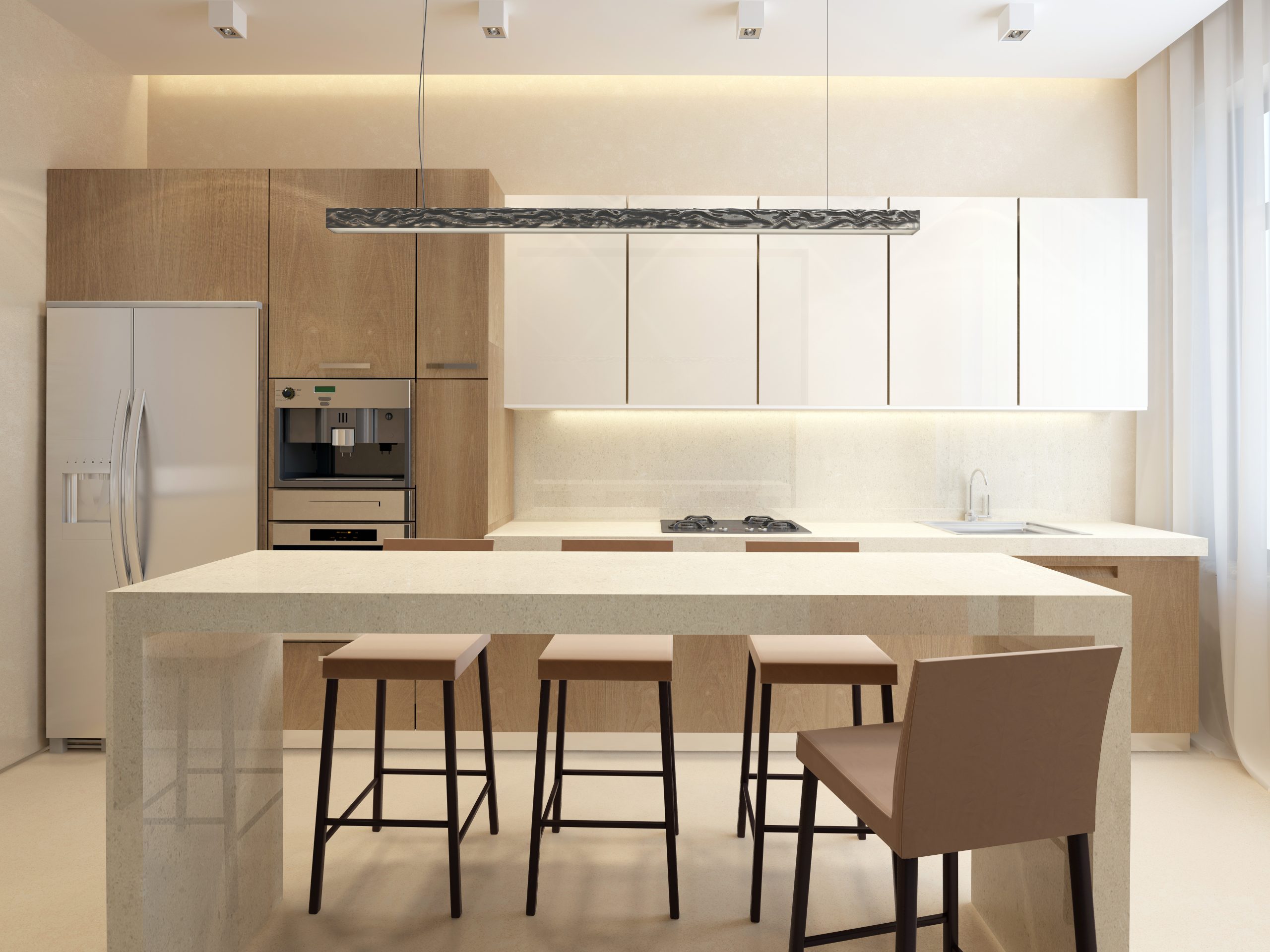 Modern kitchen with island and pendant lighting